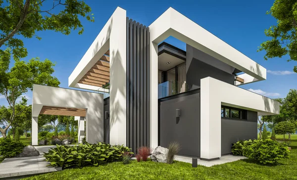 Renderização Moderna Casa Acolhedora Com Piscina Estacionamento Para Venda Aluguel — Fotografia de Stock