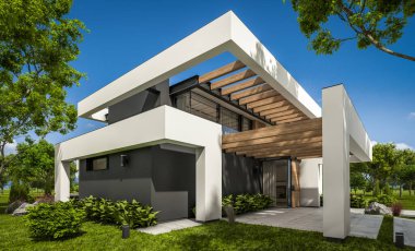 Havuzu ve satılık park yeri olan, lüks tarzda kiralanan ve arka planda güzel manzaralı modern konforlu bir ev. Açık mavi gökyüzü ile güneşli yaz günü.