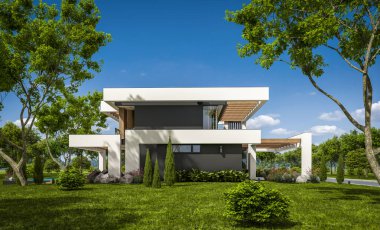 Havuzu ve satılık park yeri olan, lüks tarzda kiralanan ve arka planda güzel manzaralı modern konforlu bir ev. Açık mavi gökyüzü ile güneşli yaz günü.