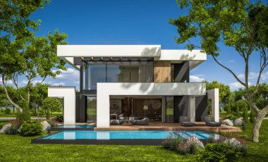 Havuzu ve satılık park yeri olan, lüks tarzda kiralanan ve arka planda güzel manzaralı modern konforlu bir ev. Açık mavi gökyüzü ile güneşli yaz günü.