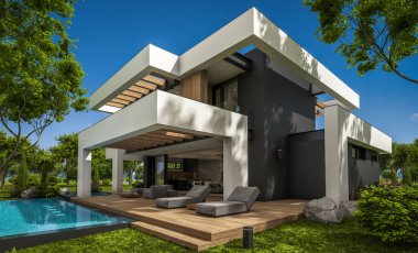 Havuzu ve satılık park yeri olan, lüks tarzda kiralanan ve arka planda güzel manzaralı modern konforlu bir ev. Açık mavi gökyüzü ile güneşli yaz günü.