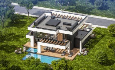 Havuzu ve satılık park yeri olan, lüks tarzda kiralanan ve arka planda güzel manzaralı modern konforlu bir ev. Açık mavi gökyüzü ile güneşli yaz günü.