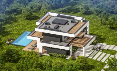 Havuzu ve satılık park yeri olan, lüks tarzda kiralanan ve arka planda güzel manzaralı modern konforlu bir ev. Açık mavi gökyüzü ile güneşli yaz günü.