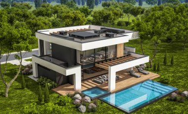 Havuzu ve satılık park yeri olan, lüks tarzda kiralanan ve arka planda güzel manzaralı modern konforlu bir ev. Açık mavi gökyüzü ile güneşli yaz günü.
