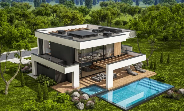 Rendering Von Modernen Gemütlichen Haus Mit Pool Und Parkplatz Zum — Stockfoto