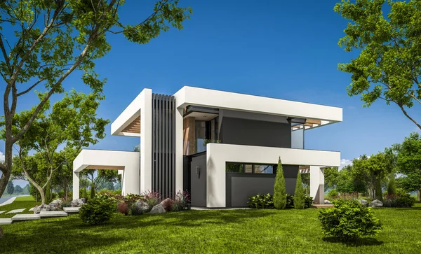 三维渲染现代舒适的房子 带有游泳池和停车场出售或租赁的豪华风格和美丽的背景景观 夏日阳光明媚 蓝蓝的天空 — 图库照片