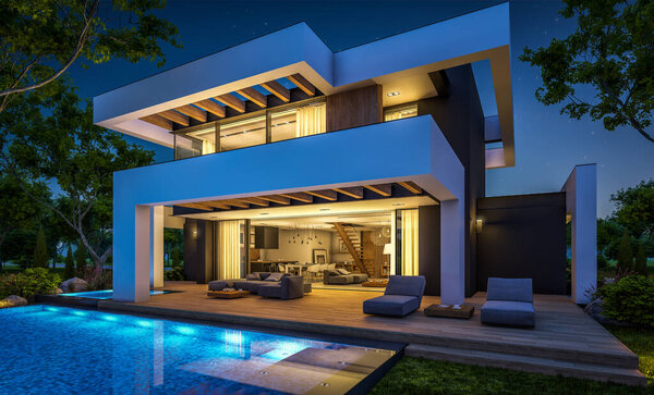 3D рендеринг современного уютного дома с бассейном и парковкой для продажи или аренды в роскошном стиле и красивым ландшафтным дизайном на заднем плане. Ясная летняя ночь со многими звездами на небе.