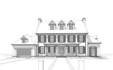 Arka planda güzel peyzajlı, garajı ve havuzu satılık ya da kirası olan koloni tarzında modern konforlu klasik evin 3D görüntüsü. Beyaz zemin üzerinde yumuşak ışık gölgeleri olan siyah çizgi çizimi.