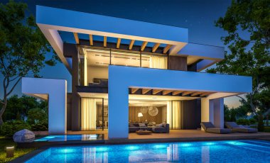 Havuzu ve satılık park yeri olan, lüks tarzda kiralanan ve arka planda güzel manzaralı modern konforlu bir ev. Gökyüzünde bir sürü yıldızla berrak bir yaz gecesi.