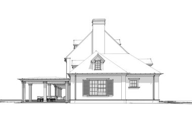 Arka planda güzel peyzajlı, garajı ve havuzu satılık ya da kirası olan koloni tarzında modern konforlu klasik evin 3D görüntüsü. Beyaz zemin üzerinde yumuşak ışık gölgeleri olan siyah çizgi çizimi.