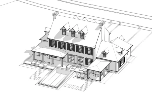 Renderowania Nowoczesnego Przytulnego Klasycznego Domu Stylu Kolonialnym Garażem Basenem Sprzedaż — Zdjęcie stockowe