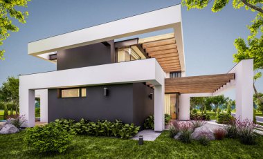 Havuzu ve satılık park yeri olan, lüks tarzda kiralanan ve arka planda güzel manzaralı modern konforlu bir ev. Pencerenin sıcacık ışıklarıyla berrak bir yaz akşamı