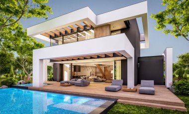 Havuzu ve satılık park yeri olan, lüks tarzda kiralanan ve arka planda güzel manzaralı modern konforlu bir ev. Pencerenin sıcacık ışıklarıyla berrak bir yaz akşamı