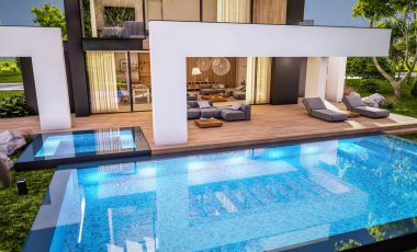 Havuzu ve satılık park yeri olan, lüks tarzda kiralanan ve arka planda güzel manzaralı modern konforlu bir ev. Pencerenin sıcacık ışıklarıyla berrak bir yaz akşamı