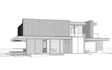 Park yeri ve havuzu satılık ya da ahşap kaplamalı modern konforlu ev. Beyaz zemin üzerinde yumuşak ışık gölgeleri olan siyah çizgi çizimi.