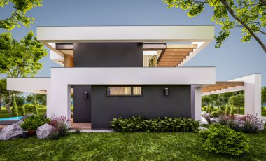 Havuzu ve satılık park yeri olan, lüks tarzda kiralanan ve arka planda güzel manzaralı modern konforlu bir ev. Pencerenin sıcacık ışıklarıyla berrak bir yaz akşamı