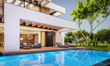 Havuzu ve satılık park yeri olan, lüks tarzda kiralanan ve arka planda güzel manzaralı modern konforlu bir ev. Pencerenin sıcacık ışıklarıyla berrak bir yaz akşamı