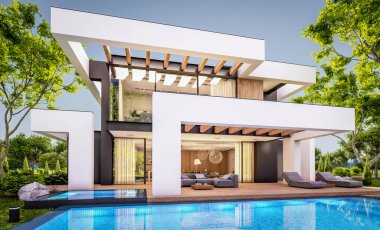 Havuzu ve satılık park yeri olan, lüks tarzda kiralanan ve arka planda güzel manzaralı modern konforlu bir ev. Pencerenin sıcacık ışıklarıyla berrak bir yaz akşamı