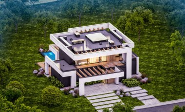 Havuzu ve satılık park yeri olan, lüks tarzda kiralanan ve arka planda güzel manzaralı modern konforlu bir ev. Pencerenin sıcacık ışıklarıyla berrak bir yaz akşamı