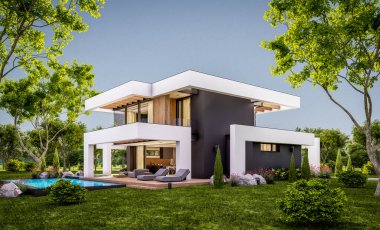 Havuzu ve satılık park yeri olan, lüks tarzda kiralanan ve arka planda güzel manzaralı modern konforlu bir ev. Pencerenin sıcacık ışıklarıyla berrak bir yaz akşamı