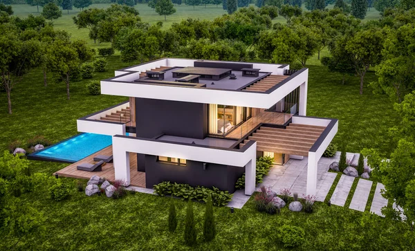 Rendering Von Modernen Gemütlichen Haus Mit Pool Und Parkplatz Zum — Stockfoto