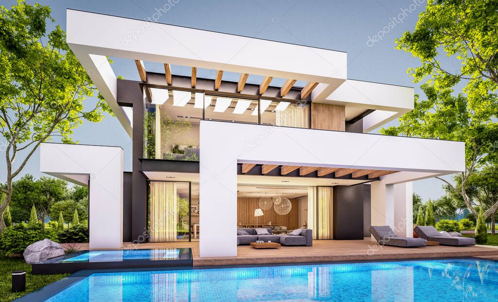 3d rendering of modern cozy house with pool and parking for sale or rent in luxurious style and beautiful landscaping on background. Clear summer evening with cozy light from window