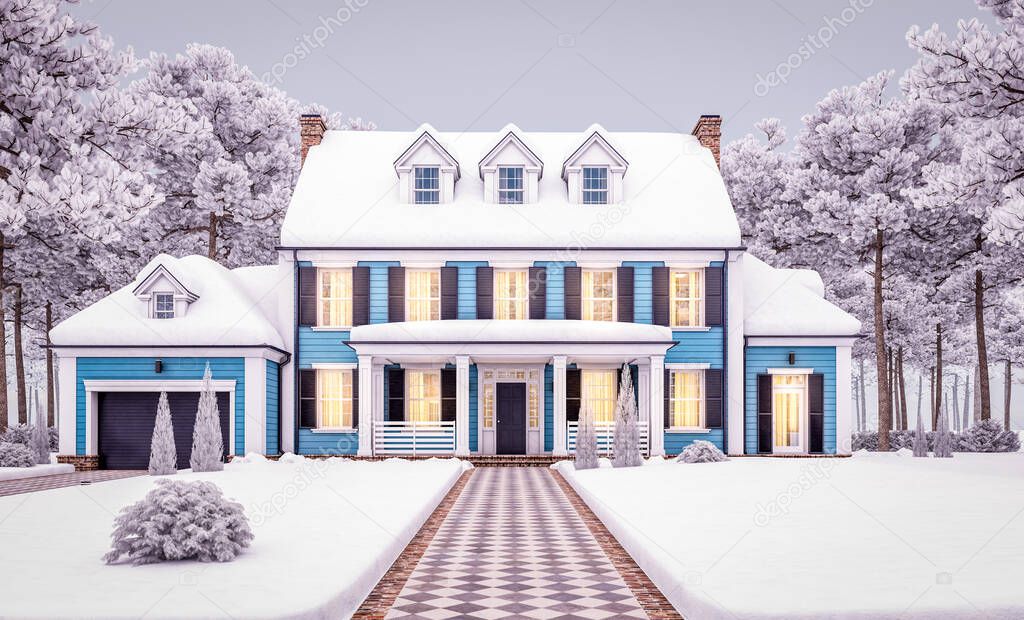3d rendering of modern cozy classic house in colonial style with garage and pool for sale or rent with beautiful landscaping on background. Cool winter evening with cozy light from windows.