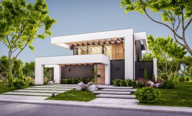 Havuzu ve satılık park yeri olan, lüks tarzda kiralanan ve arka planda güzel manzaralı modern konforlu bir ev. Pencerenin sıcacık ışıklarıyla berrak bir yaz akşamı