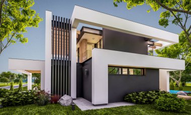 Havuzu ve satılık park yeri olan, lüks tarzda kiralanan ve arka planda güzel manzaralı modern konforlu bir ev. Pencerenin sıcacık ışıklarıyla berrak bir yaz akşamı