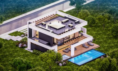 Havuzu ve satılık park yeri olan, lüks tarzda kiralanan ve arka planda güzel manzaralı modern konforlu bir ev. Pencerenin sıcacık ışıklarıyla berrak bir yaz akşamı