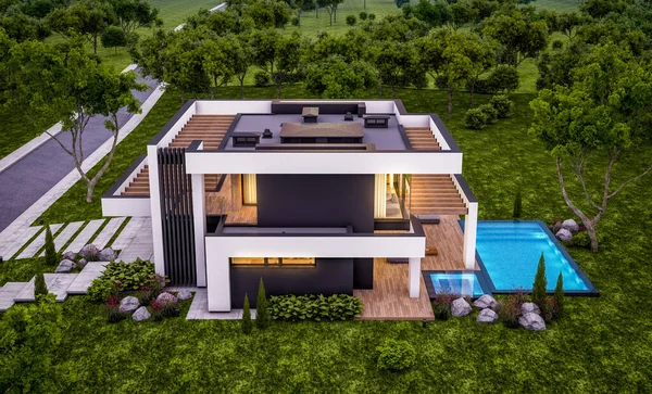 Rendering Von Modernen Gemütlichen Haus Mit Pool Und Parkplatz Zum — Stockfoto