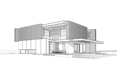 Park yeri ve havuzu satılık ya da ahşap kaplamalı modern konforlu ev. Beyaz zemin üzerinde yumuşak ışık gölgeleri olan siyah çizgi çizimi.