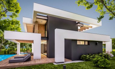 Havuzu ve satılık park yeri olan, lüks tarzda kiralanan ve arka planda güzel manzaralı modern konforlu bir ev. Pencerenin sıcacık ışıklarıyla berrak bir yaz akşamı