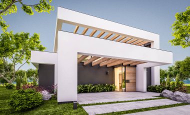 Havuzu ve satılık park yeri olan, lüks tarzda kiralanan ve arka planda güzel manzaralı modern konforlu bir ev. Pencerenin sıcacık ışıklarıyla berrak bir yaz akşamı