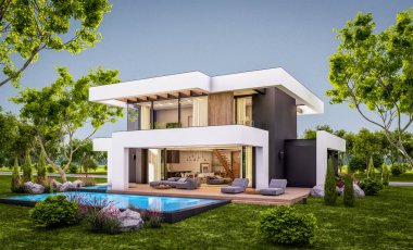 Havuzu ve satılık park yeri olan, lüks tarzda kiralanan ve arka planda güzel manzaralı modern konforlu bir ev. Pencerenin sıcacık ışıklarıyla berrak bir yaz akşamı