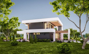 Havuzu ve satılık park yeri olan, lüks tarzda kiralanan ve arka planda güzel manzaralı modern konforlu bir ev. Pencerenin sıcacık ışıklarıyla berrak bir yaz akşamı