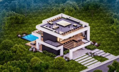 Havuzu ve satılık park yeri olan, lüks tarzda kiralanan ve arka planda güzel manzaralı modern konforlu bir ev. Pencerenin sıcacık ışıklarıyla berrak bir yaz akşamı