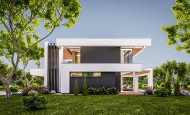 Havuzu ve satılık park yeri olan, lüks tarzda kiralanan ve arka planda güzel manzaralı modern konforlu bir ev. Pencerenin sıcacık ışıklarıyla berrak bir yaz akşamı