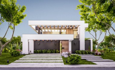 Havuzu ve satılık park yeri olan, lüks tarzda kiralanan ve arka planda güzel manzaralı modern konforlu bir ev. Pencerenin sıcacık ışıklarıyla berrak bir yaz akşamı