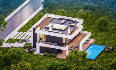 Havuzu ve satılık park yeri olan, lüks tarzda kiralanan ve arka planda güzel manzaralı modern konforlu bir ev. Pencerenin sıcacık ışıklarıyla berrak bir yaz akşamı