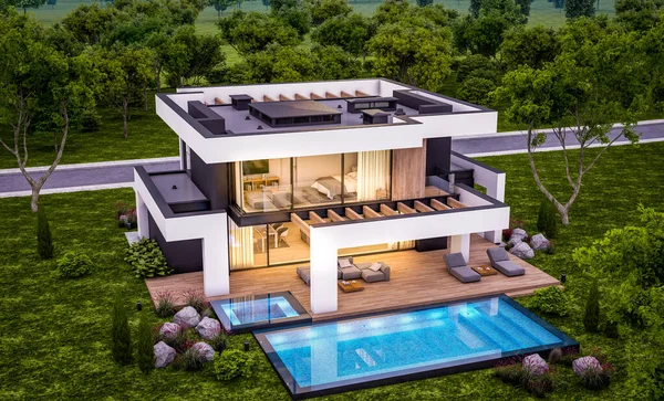 Rendering Von Modernen Gemütlichen Haus Mit Pool Und Parkplatz Zum — Stockfoto