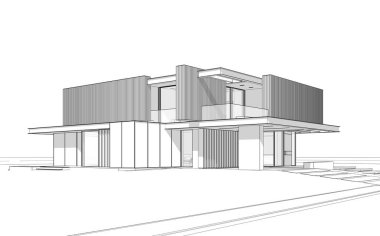 Park yeri ve havuzu satılık ya da ahşap kaplamalı modern konforlu ev. Beyaz zemin üzerinde yumuşak ışık gölgeleri olan siyah çizgi çizimi.