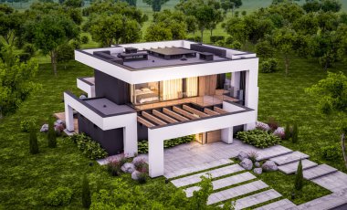 Havuzu ve satılık park yeri olan, lüks tarzda kiralanan ve arka planda güzel manzaralı modern konforlu bir ev. Pencerenin sıcacık ışıklarıyla berrak bir yaz akşamı