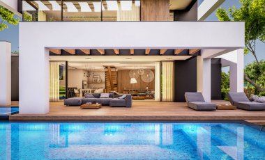 Havuzu ve satılık park yeri olan, lüks tarzda kiralanan ve arka planda güzel manzaralı modern konforlu bir ev. Pencerenin sıcacık ışıklarıyla berrak bir yaz akşamı