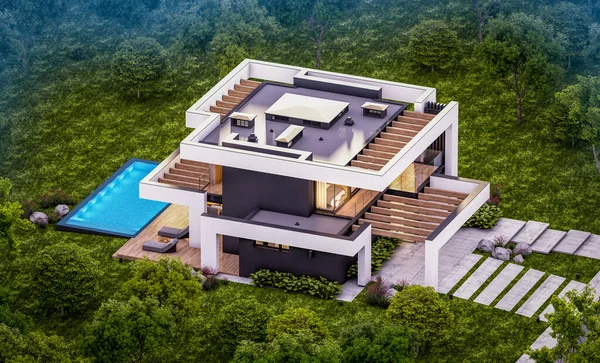 Rendering Moderna Casa Accogliente Con Piscina Parcheggio Vendita Affitto Stile — Foto Stock