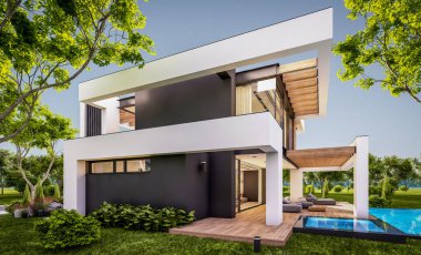 Havuzu ve satılık park yeri olan, lüks tarzda kiralanan ve arka planda güzel manzaralı modern konforlu bir ev. Pencerenin sıcacık ışıklarıyla berrak bir yaz akşamı