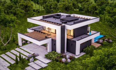 Havuzu ve satılık park yeri olan, lüks tarzda kiralanan ve arka planda güzel manzaralı modern konforlu bir ev. Pencerenin sıcacık ışıklarıyla berrak bir yaz akşamı