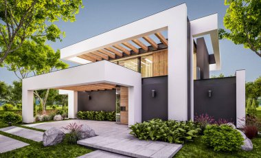 Havuzu ve satılık park yeri olan, lüks tarzda kiralanan ve arka planda güzel manzaralı modern konforlu bir ev. Pencerenin sıcacık ışıklarıyla berrak bir yaz akşamı