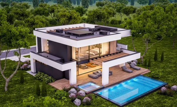 Rendering Von Modernen Gemütlichen Haus Mit Pool Und Parkplatz Zum — Stockfoto