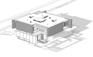 Park yeri ve havuzu satılık ya da ahşap kaplamalı modern konforlu ev. Beyaz zemin üzerinde yumuşak ışık gölgeleri olan siyah çizgi çizimi.